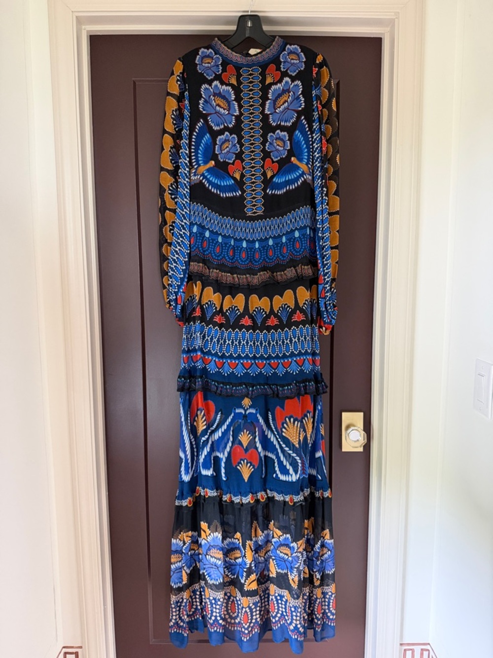 FARM Rio Bohemian Long Sleeve Floral Maxi Dress in Blue and Mustard